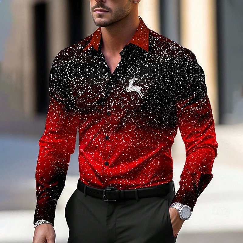 Christmas Men's Space Christmas Scene Deer Shirt Dress Shirt Button Up Shirt Long Sleeve Casual Business Casual New Year Party Evening Wear Daily Fall Winter Spring & Summer Shirt Collar Button Up 3D2