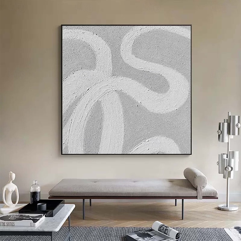 Handpainted White Grey Textured Painting Oversized 3D handmade Abstract Geometric Wall Art painting Large Minimalist Grey white textured Painting for Living Room bedroom Wall Decor Abstract Art