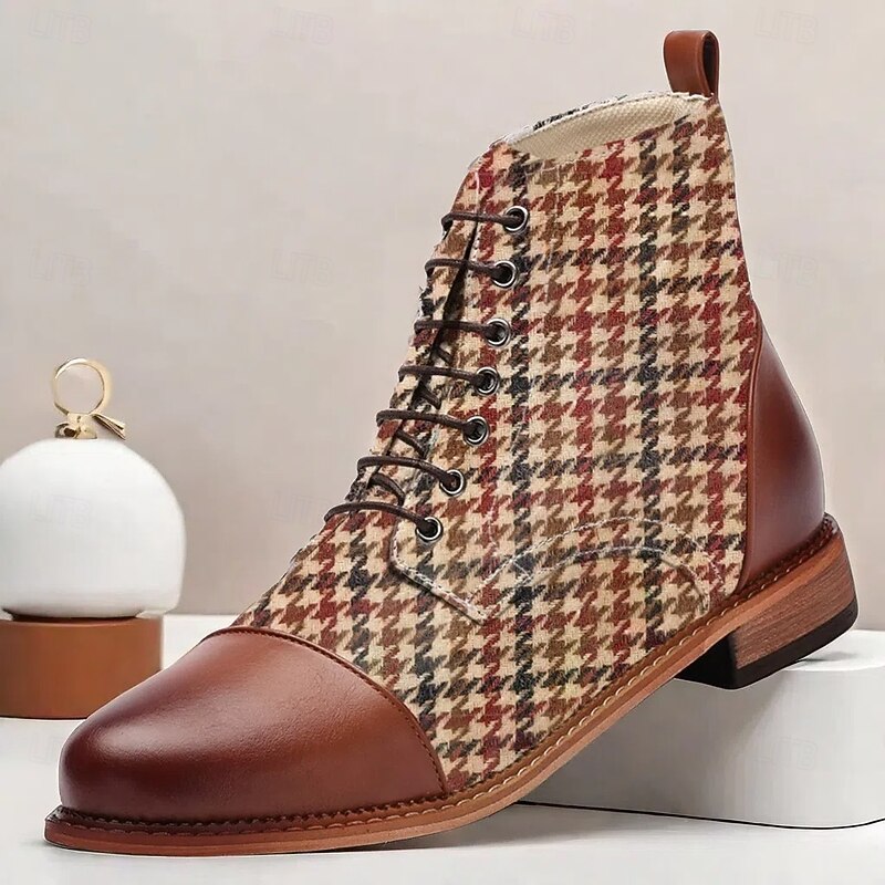 Men's Houndstooth Lace-Up Ankle Boots - Brown and Red Checkered Pattern, Brown Faux Leather Accents, Perfect for Vintage and Casual Style