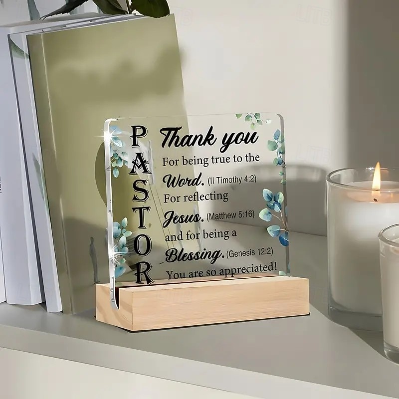 Acrylic Plaque with Wooden Base, Christian Keepsake Gift from Pastor to Believer, Religious Holiday Décor for Table, Room, Home, Café, Bar, and Restaurant2