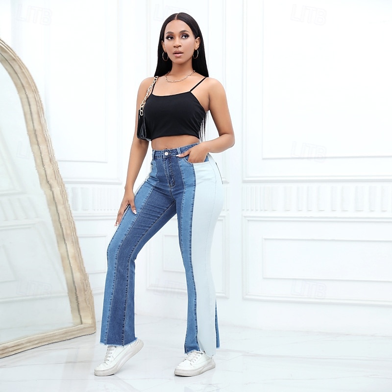 Women's Normal Jeans Streetwear Stylish Full Length High Waist Color Block Patchwork Breathable Soft Comfortable Micro-elastic Daily Going out Black Blue Spring &  Fall Regular Fit