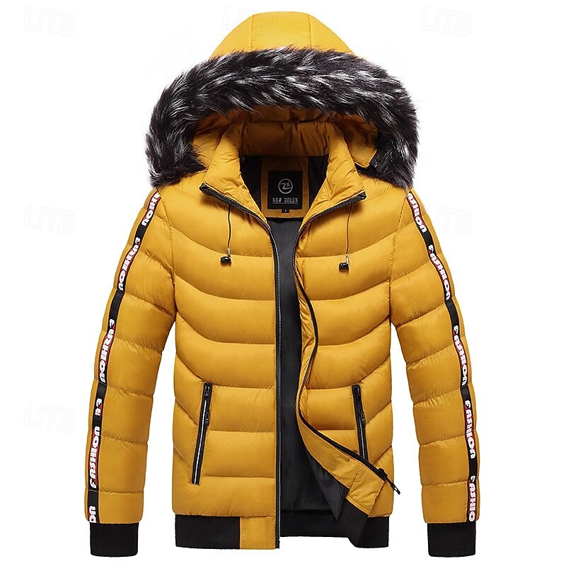 Men's Winter Coat Puffer Jacket Padded Pocket Detachable Hood Polyster Vacation Daily Wear Date Regular Fashion Casual Comfortable Thermal Warm Fall & Winter Color Block Wine Black Yellow Dark Green