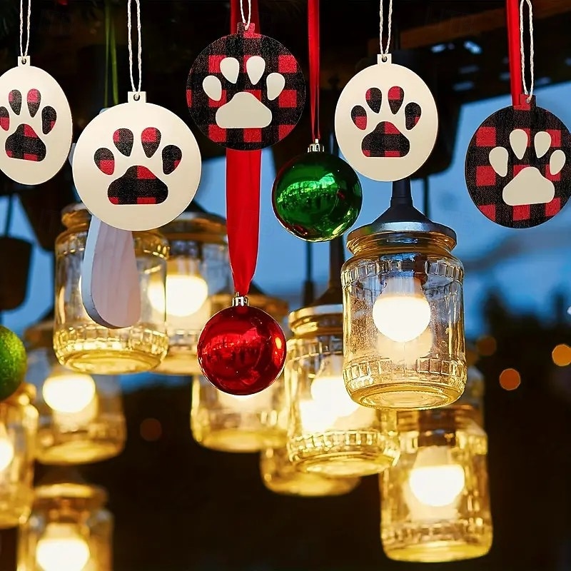 30pcs Christmas Wooden Ornaments, Xmas Tree Pendant Decoration - Buffalo Check Dog Cat Paw Print Design with Hanging String, Red and Black4