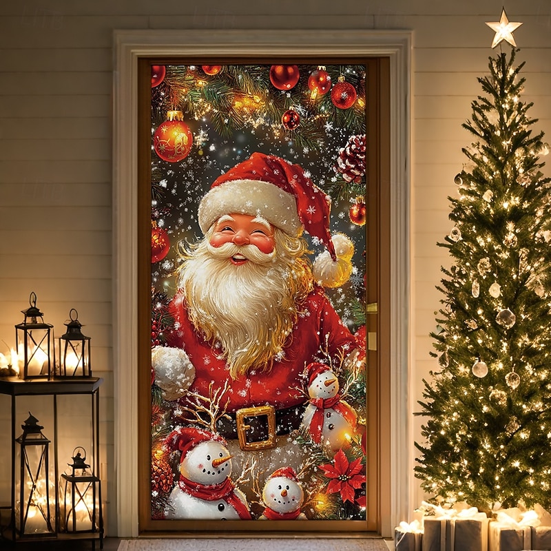 Christmas Door Decorations Door Covers Xmas Santa Snowman Ornaments Door Tapestry Door Curtain Decoration Backdrop Indoor/Outdoor Door Banner for Front Door Farmhouse