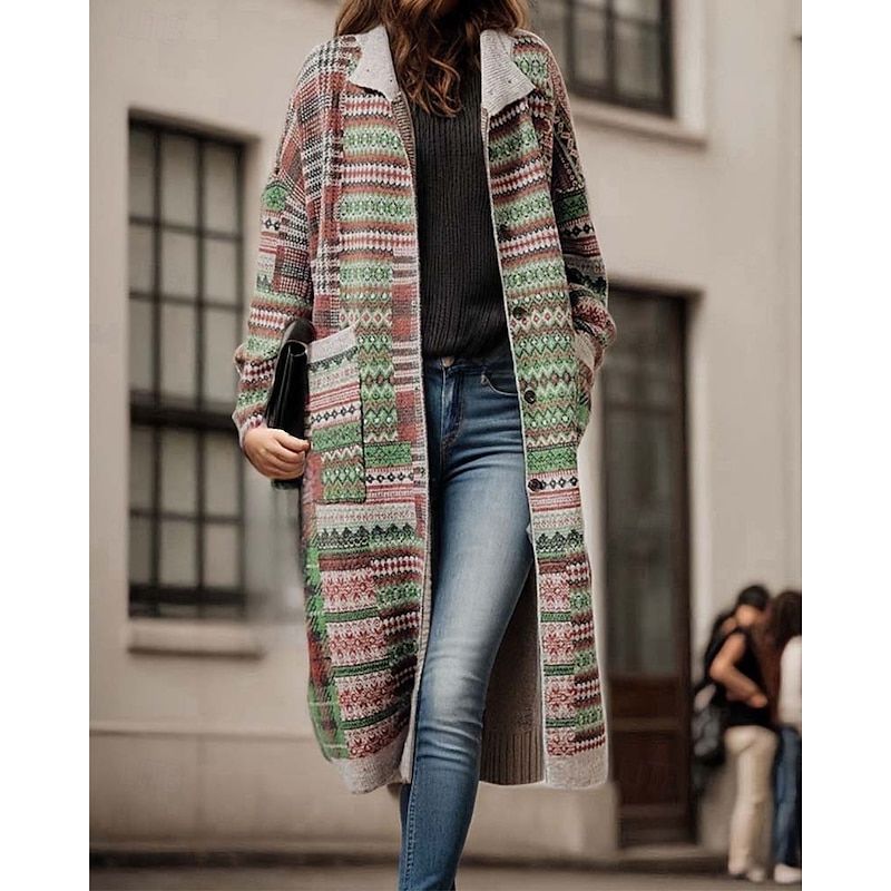 Women's Long Cardigan Collared Knit Pocket Fall Winter Outdoor Cool Stylish Vintage Style Long Sleeve Geometric Striped Green