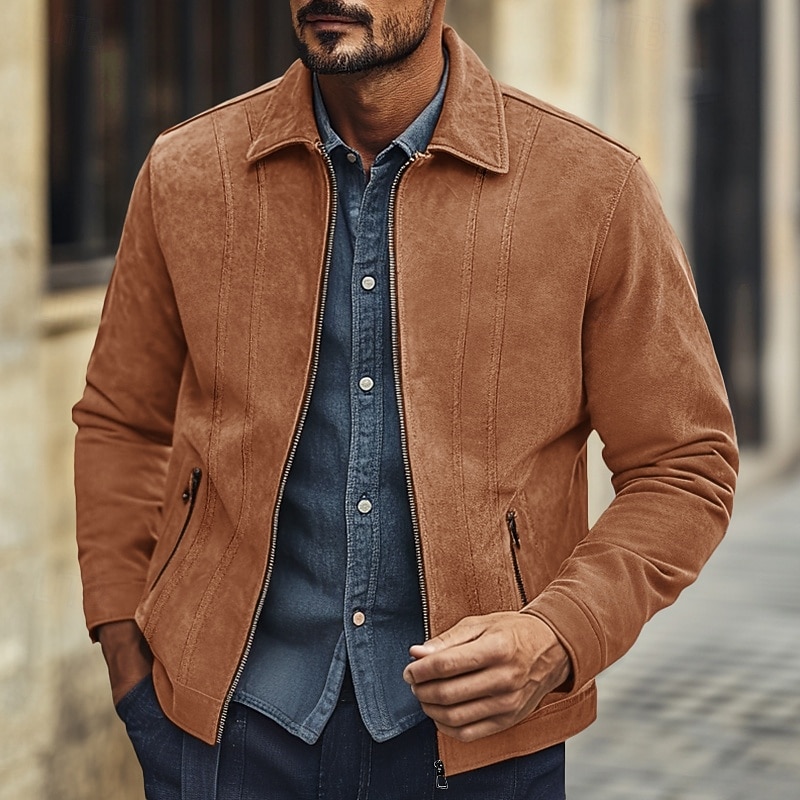 Men's Casual Jacket Faux Suede Jacket Brown Suede Jacket Casual Daily Windbreaker Vintage Style Fall & Winter Solid / Plain Color Casual Lapel Regular Black Brown Green Grey Jacket