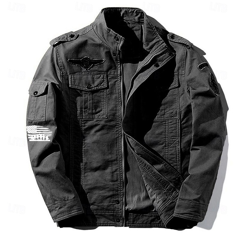Men's Cotton Embroidered Military Jacket Cargo Jacket with Shoulder Straps Long Sleeve Standing Collar Multi-Pockets Coat Trucker Jacket Bat Print Tactical Outerwear4