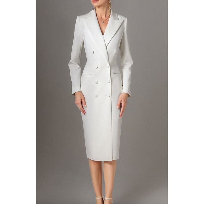 Tuxedo Dress Sheath Formal Wedding Guest Stretch Crepe Elegant Long Sleeve Tea Length Peak Lapel Double Breasted3