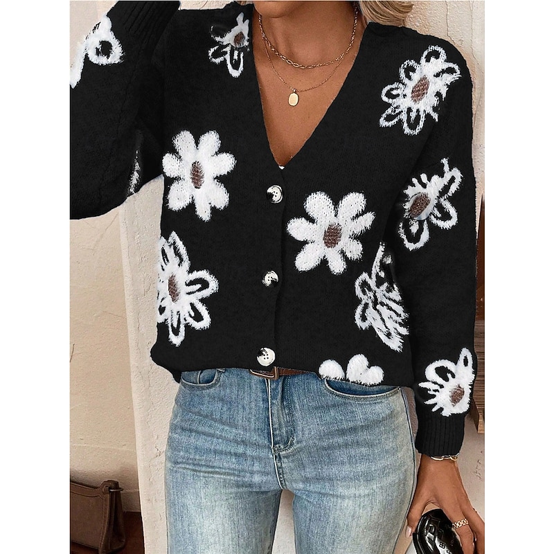 Women's Sweater Cardigan Casual Soft Floral Ribbed V Neck Buttons Knitted Long Sleeve Regular Tops Knit Outdoor Daily Weekend Black Light Grey Fall Winter 5