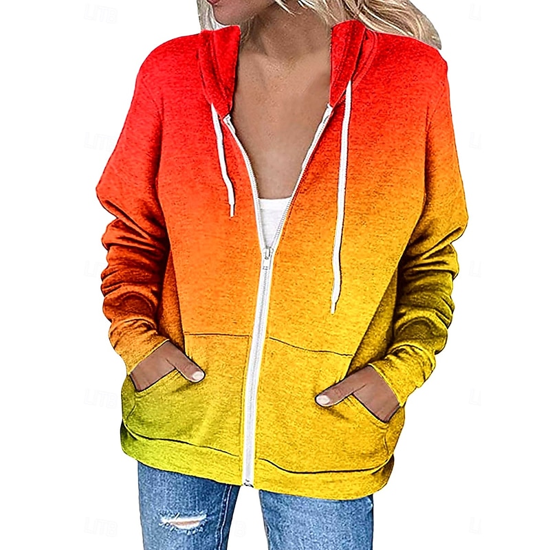 Women's Casual Jacket Hoodie Jacket Outdoor Street Daily Wear Fall Winter Regular Coat Regular Fit Thermal Warm Breathable Stylish Casual Jacket Long Sleeve Color Gradient with Pockets Print Orange2