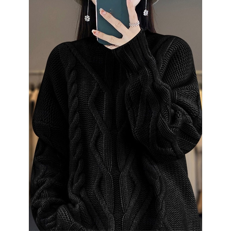 Women's Sweater Casual Soft Pure Color Cable Stand Collar Knitted Long Sleeve Regular Tops Knit Outdoor Daily Weekend Black White Fall Winter4