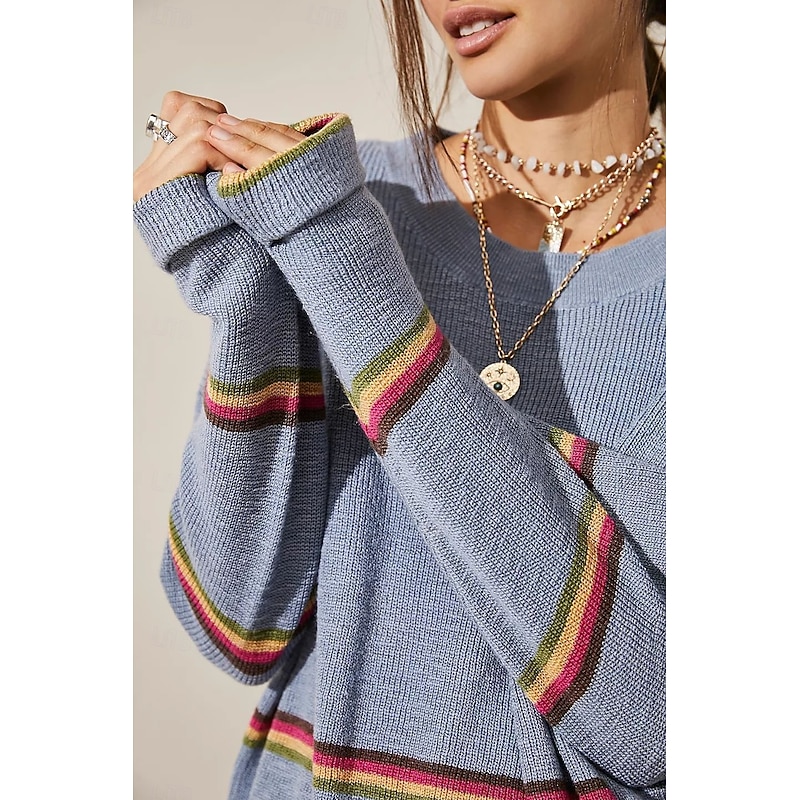 Women's Striped Sweater Set Crew Neck Knit Knitted Fall Winter Work Streetwear Casual Long Sleeve Striped Blue Green3