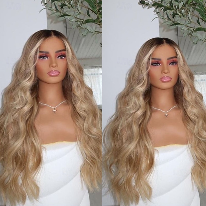 Human Hair 13x4 Lace Front Wig Middle Part Brazilian Hair Wavy Blonde Multi-color Wig 130% 150% Density Ombre Hair Natural Hairline Glueless Pre-Plucked For Women Long Human Hair Lace Wig4