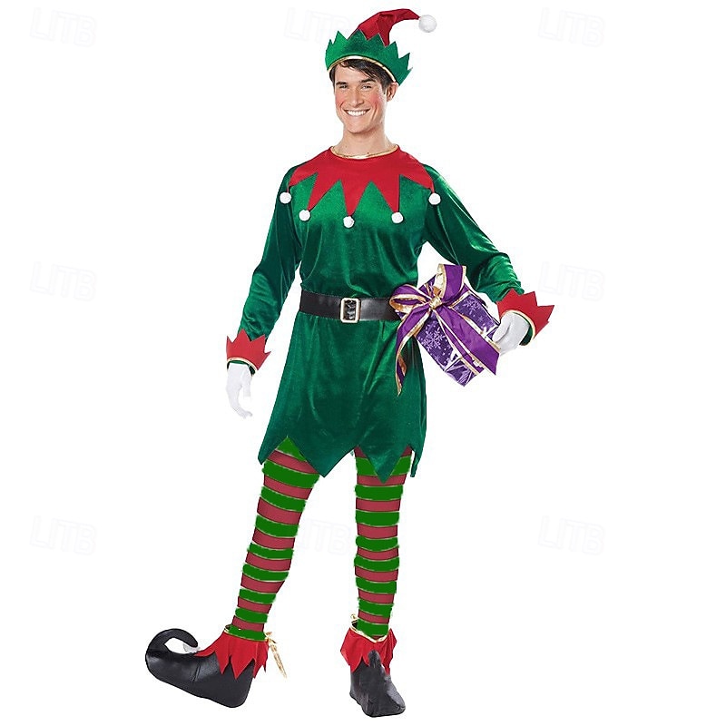 Elf Outfits Christmas Dress Elf Costume Cosplay Costumes Men's Women's Christmas Special Adults Christmas Carnival Masquerade Christmas Party Top Belt Stockings Shoes Hat3