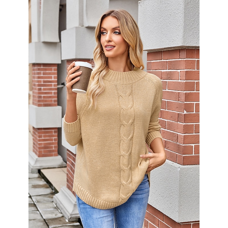 Women's Sweater Elegant Fashion Streetwear Solid Color Cable Crew Neck Knitted Long Sleeve Long Tops Knit Formal Party Pink Khaki Fall Winter2