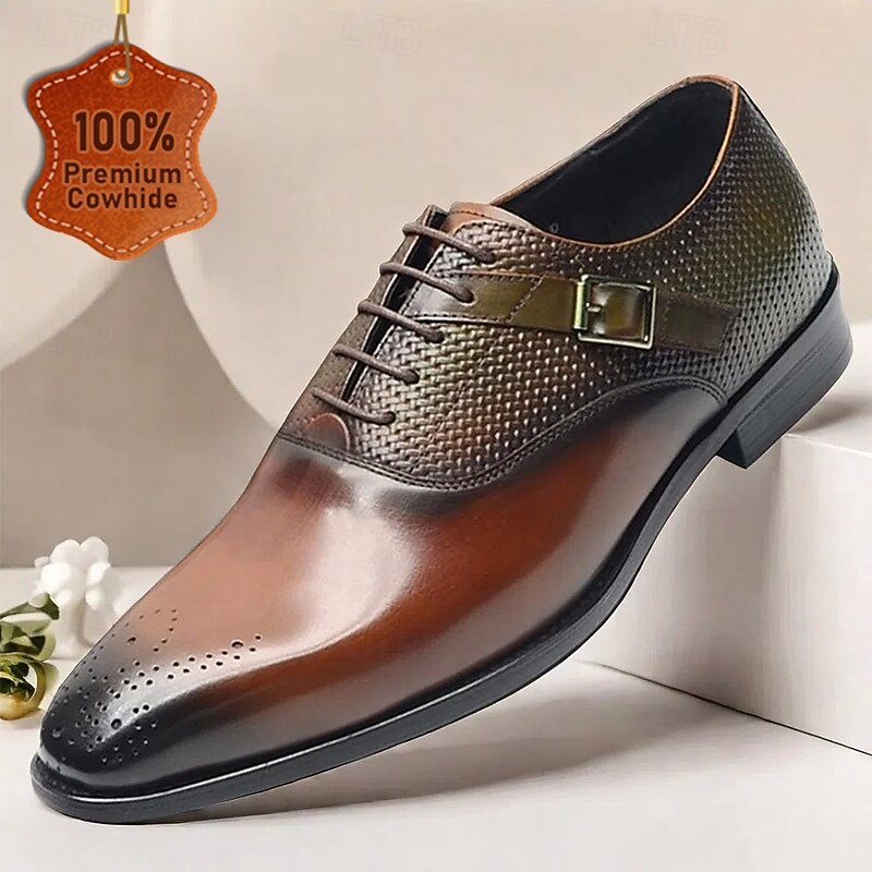 Men's Premium Cowhide Leather Oxford Shoes with Woven Texture and Buckle Detail – Elegant Dress Shoes for Formal Occasions