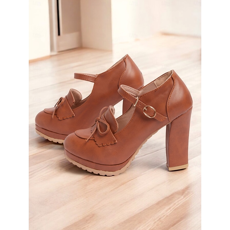 Women's Vintage Brown Mary Jane Pumps - Chunky Heel Platform Shoes with Bow Detail, Ideal for Retro and Classic Outfits, Perfect for Office, Parties, and Special Occasions3
