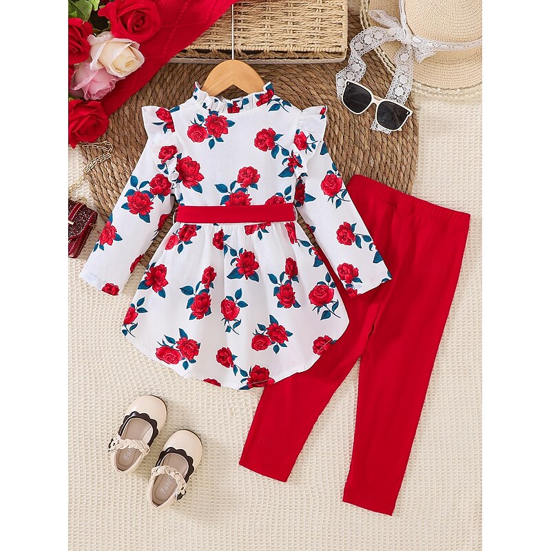2 Pieces Toddler Girls' Easter Floral Ruffle Christmas Sets Set Long Sleeve Active Casual 4-7 Years Fall Red