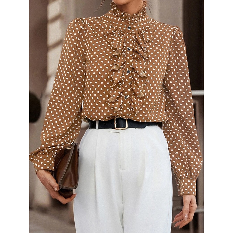 Women's Shirt Blouse Polka Dot Casual Long Sleeve Turtleneck Regular Tops Daily Ruffle Patchwork Buttons Black Brown Fall Winter