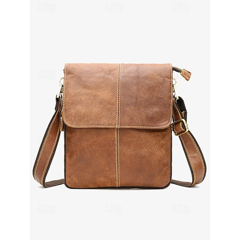 Men's Crossbody Bag Messenger Bag Shoulder Bags Leather Cowhide Office Casual Daily Zipper Multiple pockets Large Capacity Durable Expandable Solid Color Light Brown