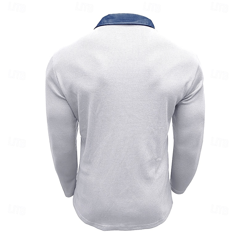 Men's Waffle Polo Shirts Polo Shirts Formal Street Lapel Classic Long Sleeve Fashion Basic Solid Color Buttons Spring &  Fall Black Turquoise White Burgundy Navy Blue Royal Blue Waffle Polo Shirts4