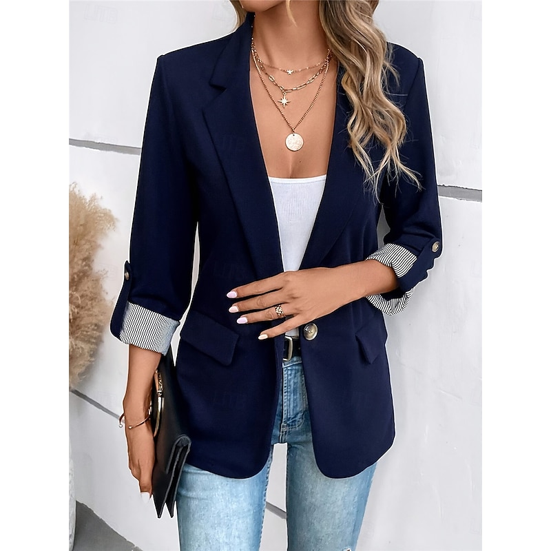 Women's Blazer Work Button Solid Color Breathable OL Style Regular Fit Outerwear Long Sleeve Fall Blue S4