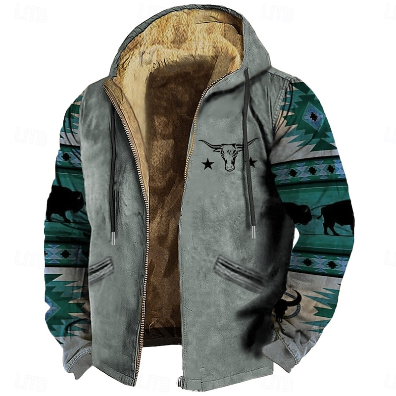 Men's Tribal Fleece Hoodie Hoodies Fashion Ethnic Long Sleeve Hooded Streetwear Brown Green Drawstring Fall Winter Designer2