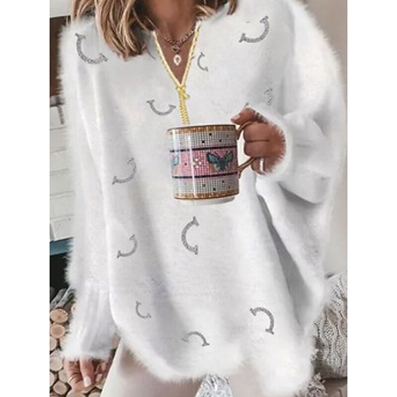 Women's  Sweater Pullover Fuzzy Jumper Crew Neck Ribbed Knit Zipper Knitted Print Fall Winter Daily Weekend Casual Soft Long Sleeve Graphic White - Main Image