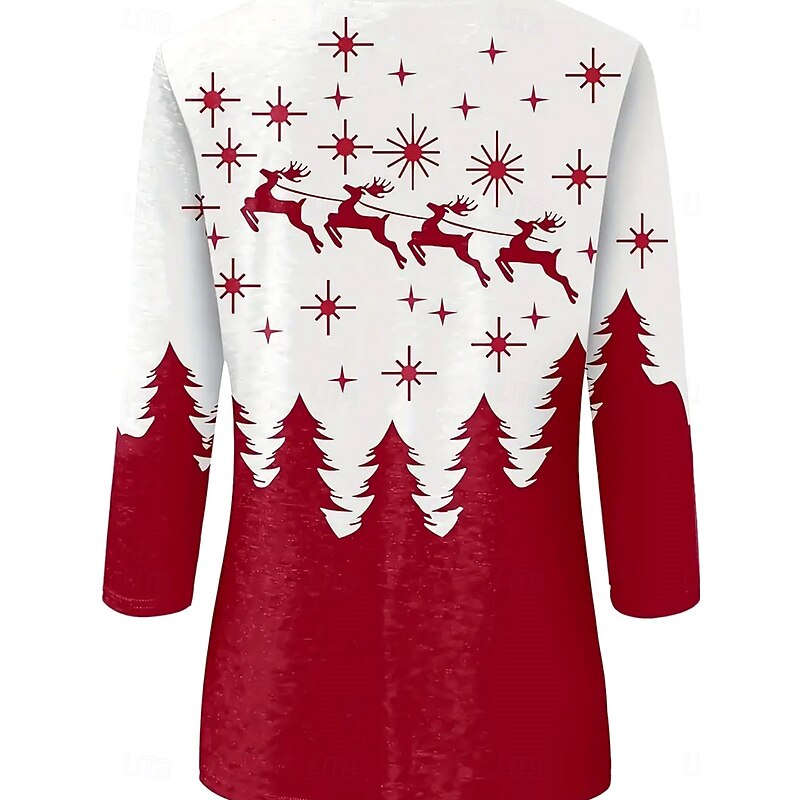 Women's T-shirt Reindeer Pine Tree Star Print Long Sleeve Round Neck Red White Casual Festive Holiday Top Clothing Apparel3