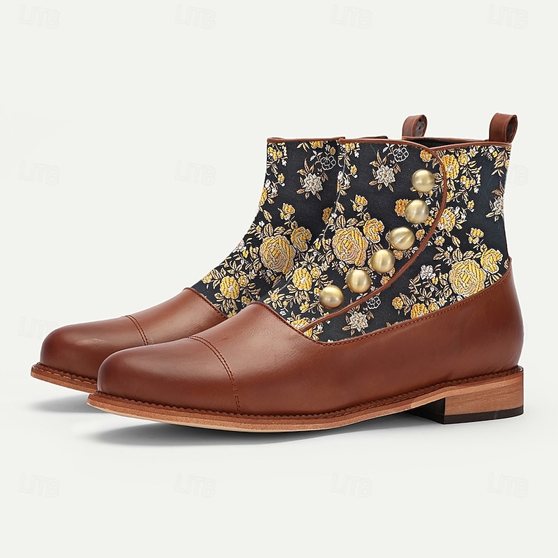 Men's Victorian Faux Leather Ankle Boots with Floral Jacquard Fabric and Gold Button Accents – Vintage-Inspired Dress Boots2