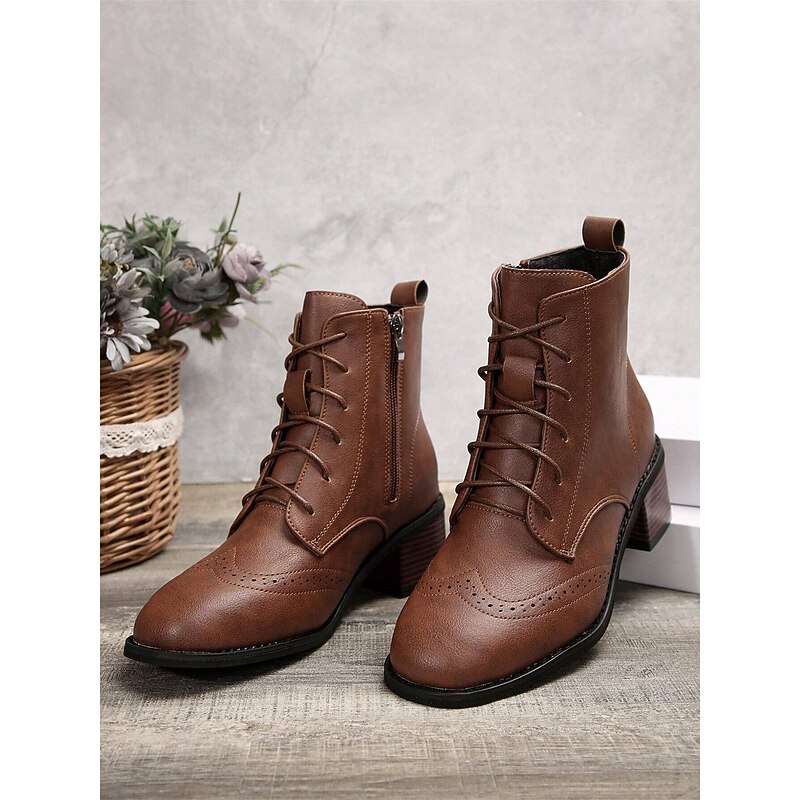 Women's Brown Lace-Up Ankle Boots with Brogue Detailing – Vintage Block Heel Boots for Casual and Everyday Wear2