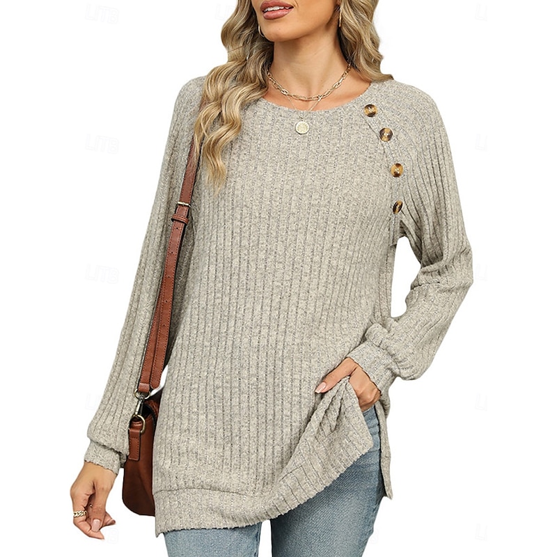 Women's T Shirt Plain Fashion Modern Casual Long Sleeve Crew Neck Regular Tops Daily Weekend Buttons Pink Blue Green Khaki Fall Winter 5