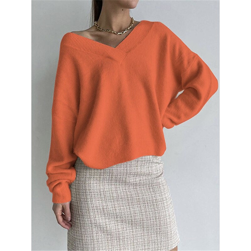 Women's Sweater Pullover Sweater Jumper Casual Soft Pure Color Ribbed V Neck Knitted Long Sleeve Regular Tops Knit Outdoor Daily Weekend Black Orange Fall Winter3