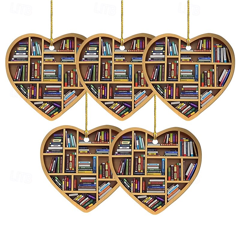 5pcs Christmas Book Lover's Heart Ornament Xmas Acrylic Tree Ornament Gift for Her Librarian Vintage Book2