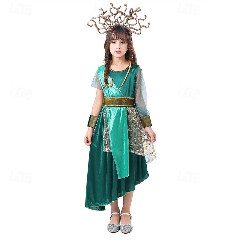 Kids Girls' Cosplay Dress Party Dress Color Block Short Sleeve Performance Halloween Party Patchwork Beautiful Sweet Polyester Maxi Party Dress A Line Dress Summer 4 years+ Green