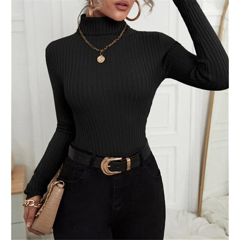 Women's T Shirt Plain Fashion Modern Casual Long Sleeve Turtleneck Regular Tops Daily Weekend Black White Green Beige Fall Winter3