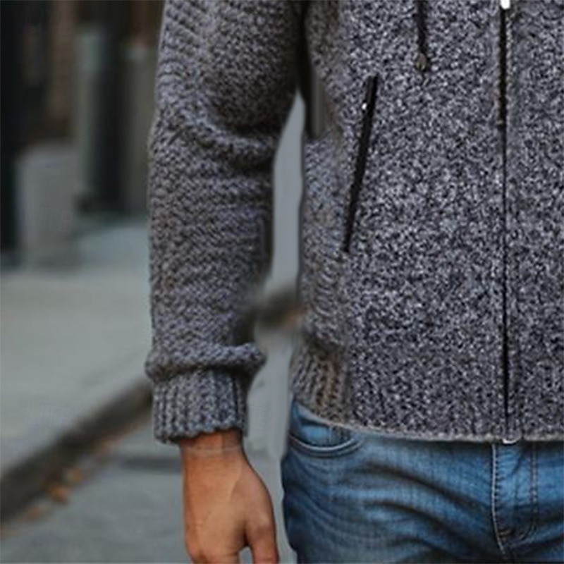 Men's Cardigan Ribbed Chunky Knit Regular Color Block Ribbed Solid Color Hooded Knitwear Elegant Home Work Clothing Apparel Bishop Sleeve Spring Fall Navy Blue Brown M L XL3