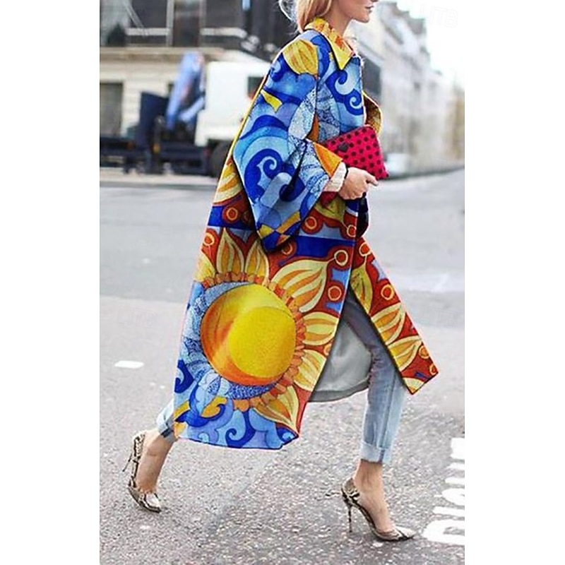 Women's Blazer Office Work Street Fall Winter Long Coat Loose Fit Thermal Warm Comtemporary Stylish Casual Jacket Long Sleeve Print Floral Print Red Blue Green3