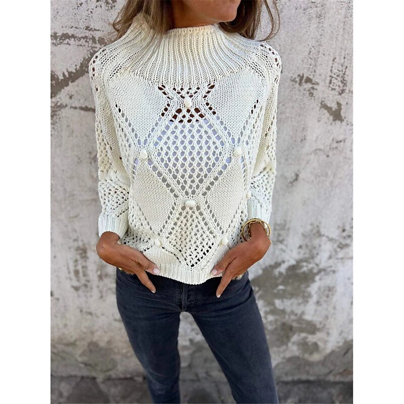 Women's Sweater Pullover Sweater Jumper Casual Soft Pure Color Crochet Crew Neck Knitted Long Sleeve Regular Tops Knit Outdoor Daily Weekend White Green Fall3