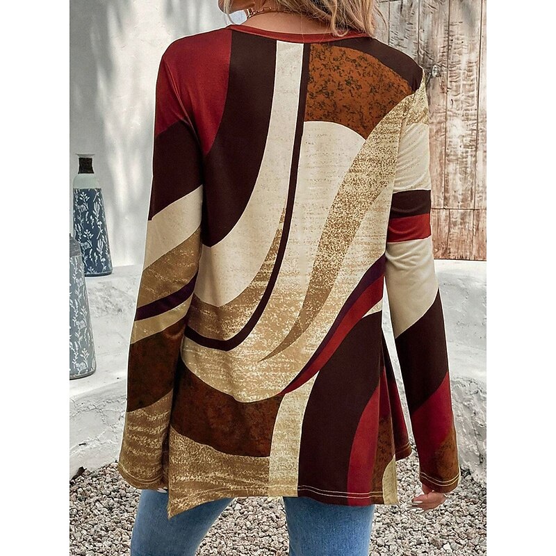 Women's Tunic T Shirt Geometric Casual Long Sleeve Crew Neck Regular Tops Daily Print Asymmetrical Brown Spring &  Fall2