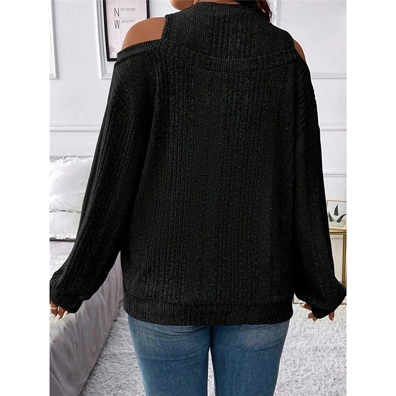 Women's Sweater Pullover Sweater Jumper Casual Soft Striped Ribbed Crew Neck Knitted Cold Shoulder Long Sleeve Regular Tops Knit Outdoor Daily Weekend Black Red Fall Winter3