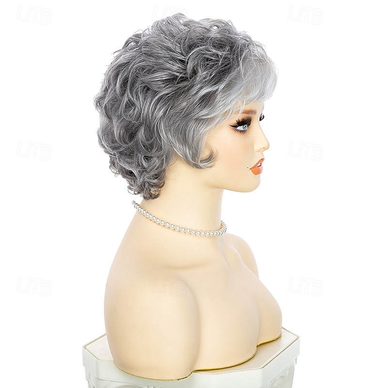Short Curly Silver Gray Wigs for White Women Heat Resistant Natural Synthetic Hair Old Ladies Daily Cosplay Full Wigs2