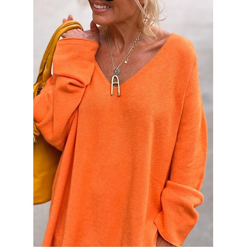 Women's Sweater Fashion Streetwear Daily Solid Color V Neck Knitted Long Sleeve Long Tops Knit Outdoor Going out Orange Fall Winter3