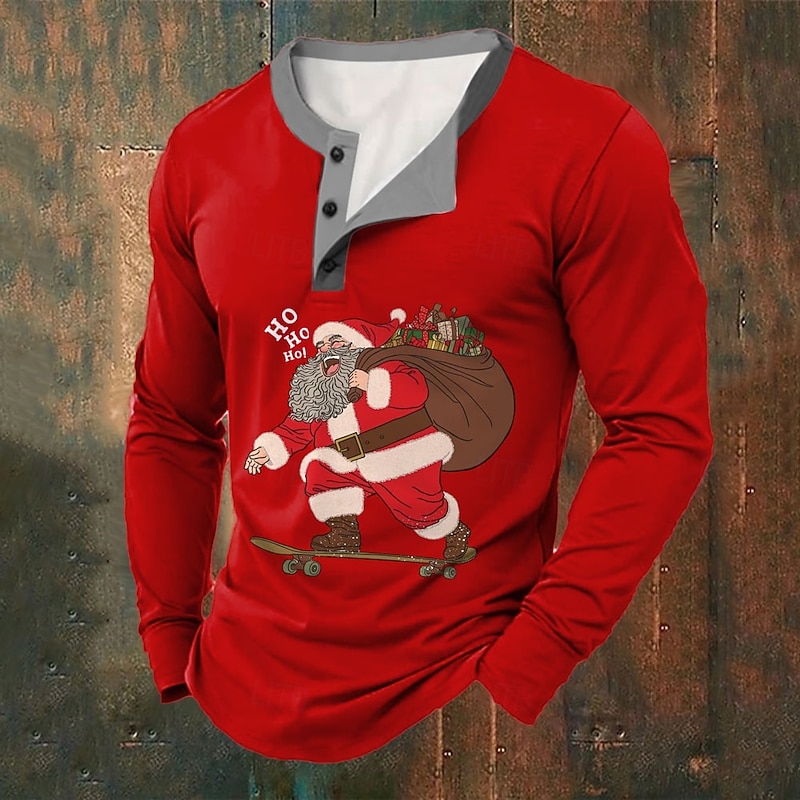 Christmas Men's Santa Claus Henley T Shirt Santa Claus Fashion Casual Print Henley Party Street Daily Red Green Long Sleeve Henley Winter Spring &  Fall Clothing Apparel Normal S M L XL XXL XXXL