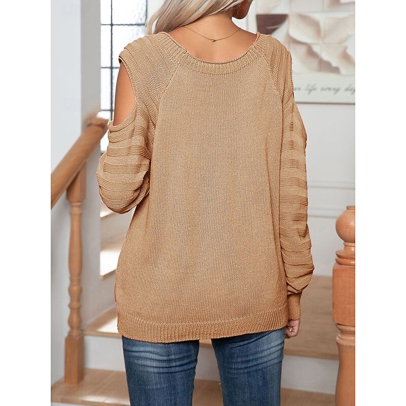 Women's Sweater Pullover Sweater Jumper Casual Soft Pure Color Cable Crew Neck Buttons Knitted Cold Shoulder Long Sleeve Regular Tops Knit Outdoor Daily Weekend White Fuchsia Fall Winter2