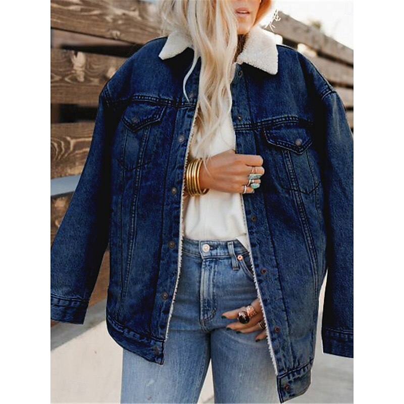 Women's Fleece Jacket Teddy Coat Denim Jacket Warm Breathable Pocket Fleece Lined Casual Plain Vacation Street Daily Wear Going out Single Breasted Regular Turndown Regular Fit Long Sleeve Outerwear3