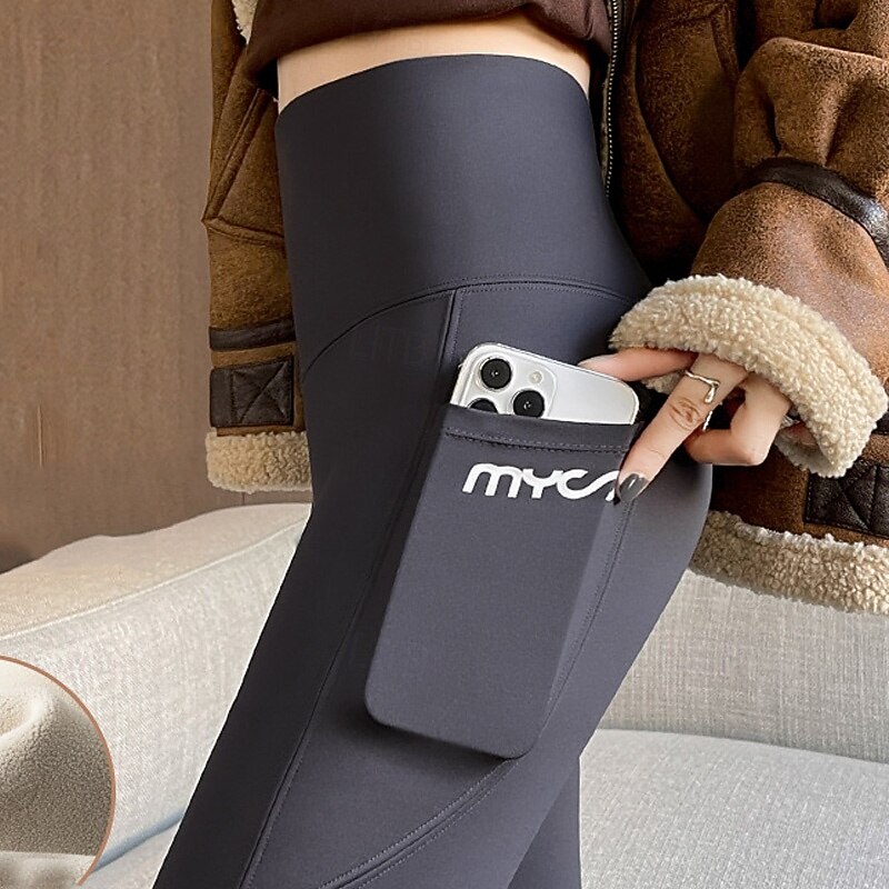 Women's Yoga Pants Fleece Lined Leggings Yoga Leggings Butt Lift Tummy Control High Waist Pilates Gym Workout Workout Tights Letter Black Coffee Grey Fall Winter Sports Activewear Stretchy Slim2