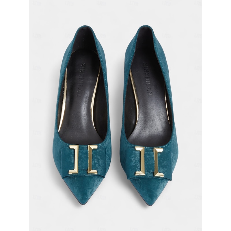 Women's Teal Velvet Pointed Toe Kitten Heel Pumps - Elegant Evening and Office Shoes with Gold Buckle Detail4