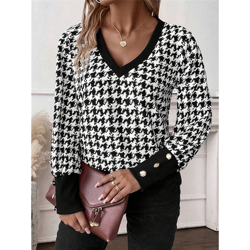 Women's T Shirt Plaid Fashion Modern Casual Long Sleeve V Neck Regular Tops Daily Weekend Black Fall Winter4