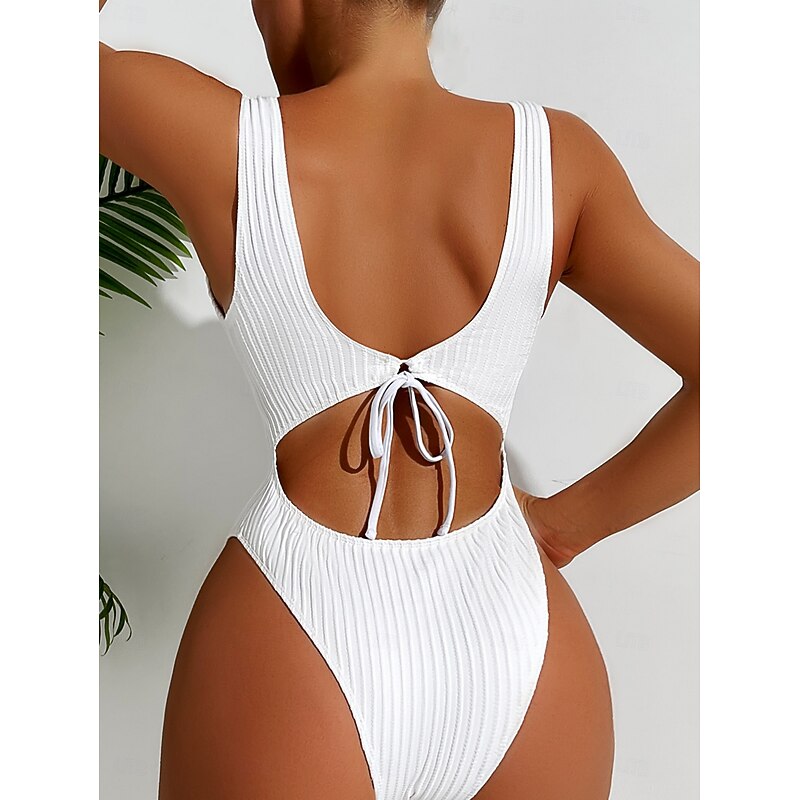 Women's One-piece  Tummy Control Bathing Suits Textured Square Neck Solid Color Holiday Vacation Skinny Strapless Black White swimwear3